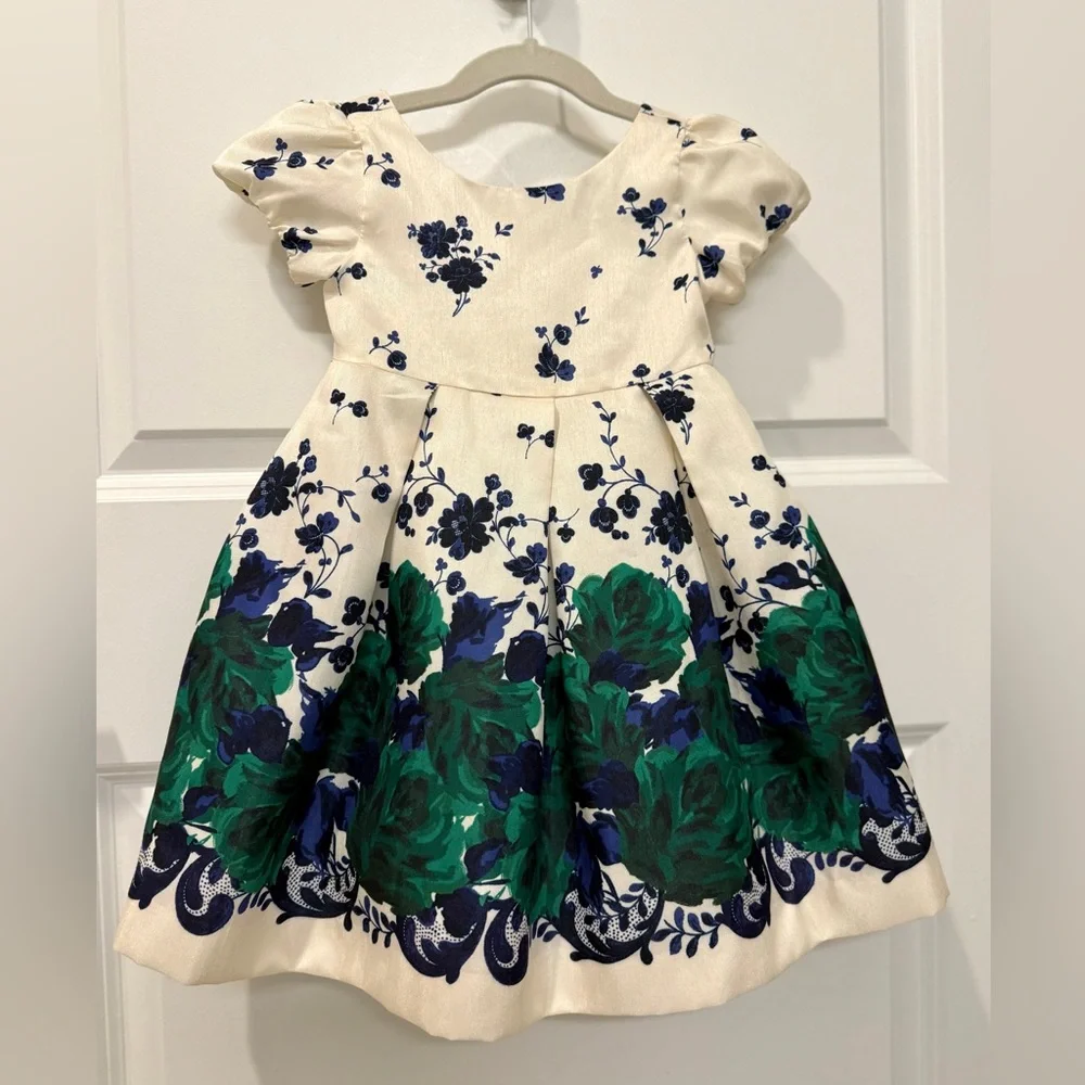 Janie & Jack Ivory Blue & Green Floral Special Occasion Dress | Size 18 - 24 Mon
